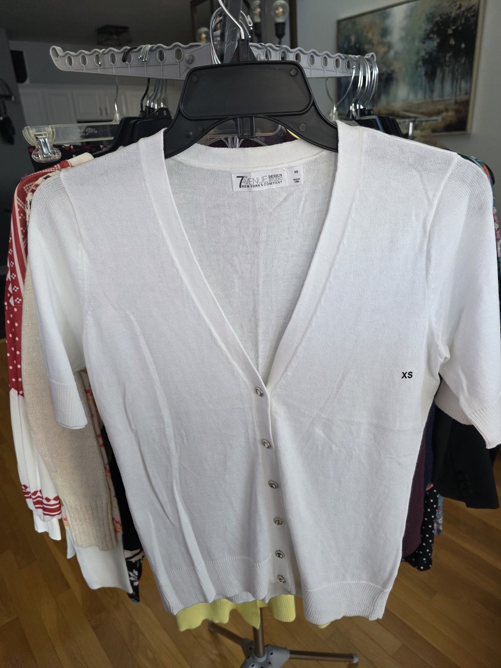 New York & Company Off White Short Sleeve Button Cardigan